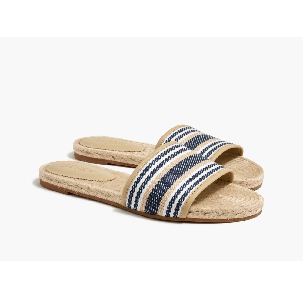 J. Crew Factory Womens Espadrille Slide Sandals 9 Navy Beige Flats Preppy‎ FLAW